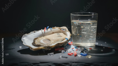 Oyster with microplastics and contaminated water