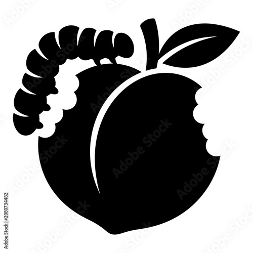 Black and white illustration of a caterpillar eating a peach.
