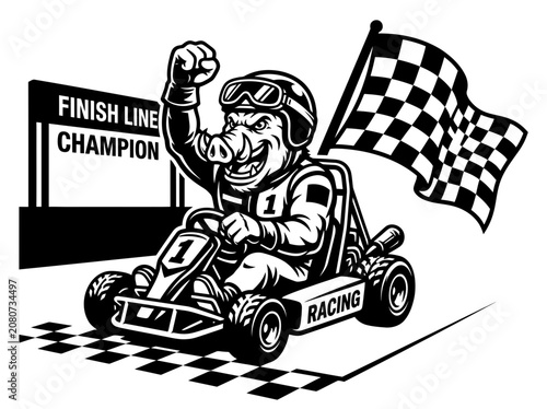 Cartoon Boar Champion Wins Go Kart Race Victory.