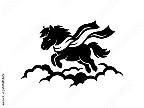 Majestic Black Horse Flying Through Clouds with Flowing Mane.