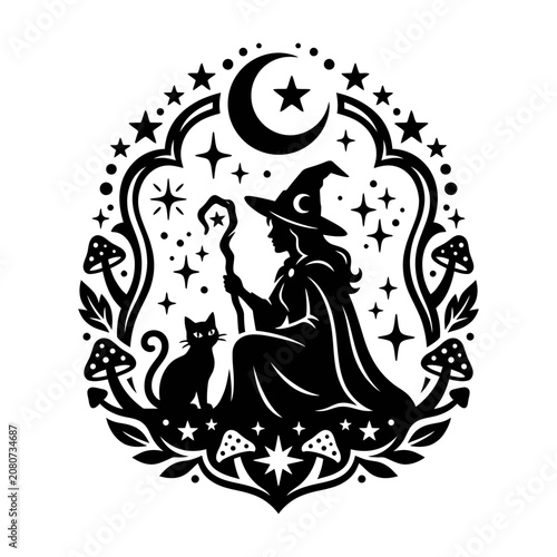 Mystical Witch and Black Cat Silhouette Illustration.
