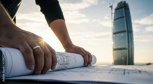 Architect's hands unrolling blueprints on a rooftop with a modern skyscraper in the background at sunset, symbolizing urban development and future planning.