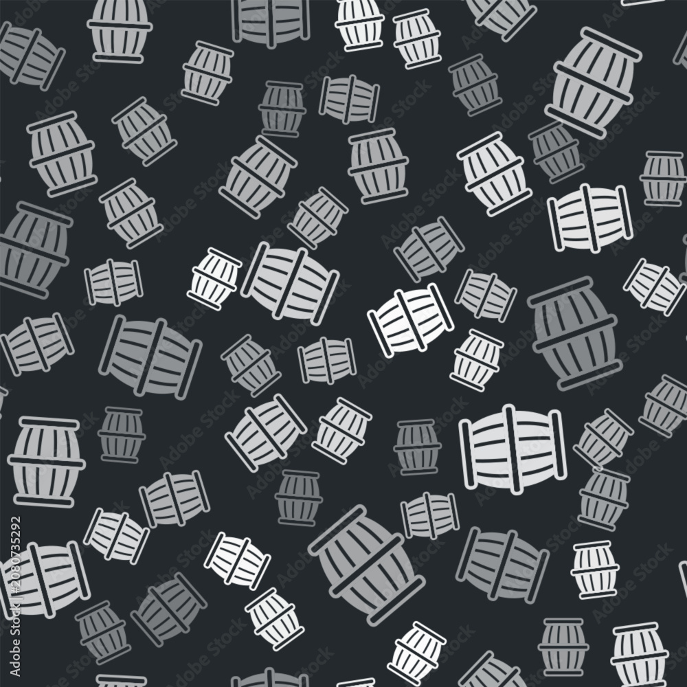 Fototapeta premium Grey Gun powder barrel icon isolated seamless pattern on black background. TNT dynamite wooden old barrel. Vector