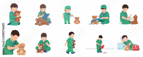Photos Collection of Cute Boy Dressed as a Doctor Playing with Teddy Bear, Child Rolepl
