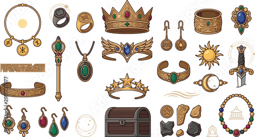 Canvastavla Medieval Kingdom Royalty Jewelry and Fantasy RPG Game Items Vector Icon Set Feat