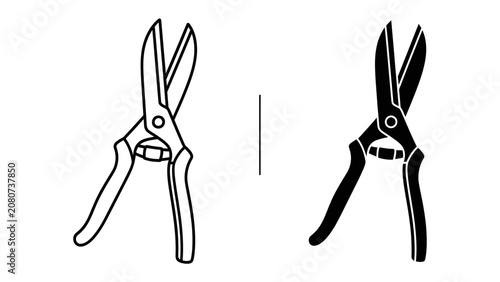Obraz na płótnie Pruning Shear Duo: Two pruning shears, one in outline and one in silhouette, showcase the essential tool for gardening and plant care
