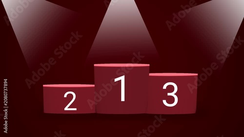 Spotlights illuminating a red three-tier winner podium with numbers against a dark background.