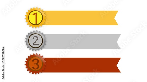 Graphic award ribbons for first, second, and third place extending horizontally animation on a clean white background.
