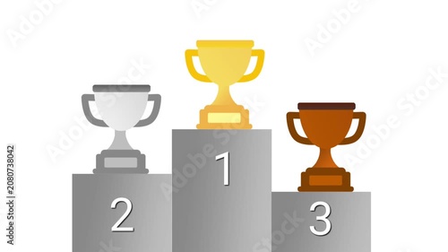 Flat graphic winner podium with gold, silver, and bronze trophies appearing sequentially on a white background.