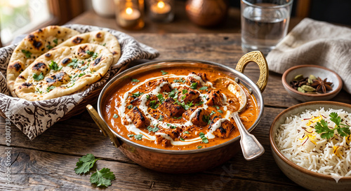 Chicken Tikka Masala in Rich Creamy Tomato Curry with Naan and Rice