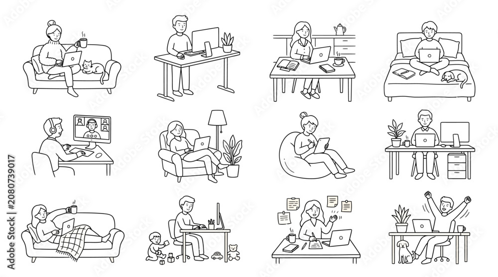 Obraz premium Remote Work and Work from Home Line Art Collection with People Using Laptops in Different Home Office Situations