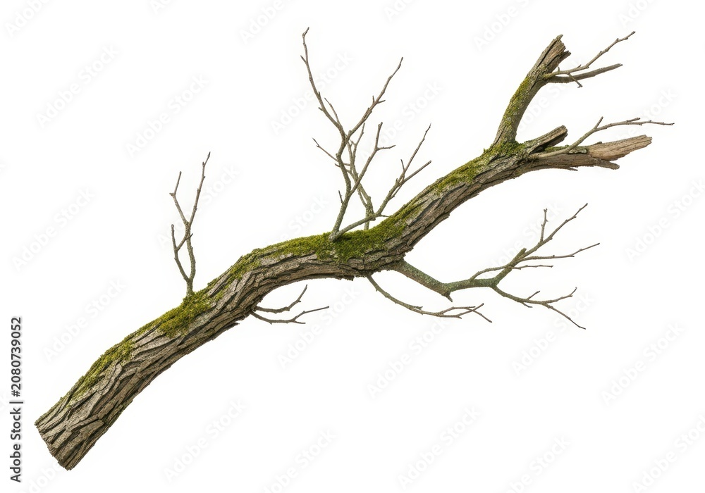 Fototapeta premium Dry Mossy Tree Branch Isolated on White Background for Nature Design and Composition