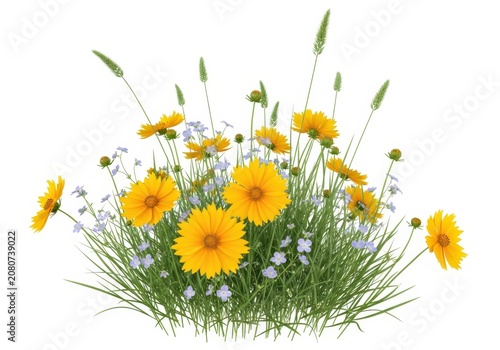 Beautiful Wildflower Bouquet with Yellow Coreopsis and Blue Flowers Isolated on White Background for Floral Design