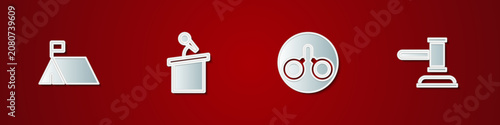 Konstfotografi Set Protest camp, Stage stand or tribune, Handcuffs and Judge gavel icon
