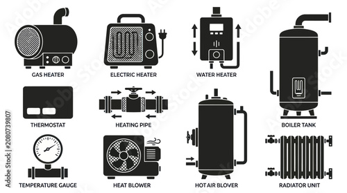 A monochrome flat vector icon set of 9 industrial heating appliances including gas heater, electric heater, water heater, thermostat, heating pipe, boiler tank, temperature gauge, heat blower