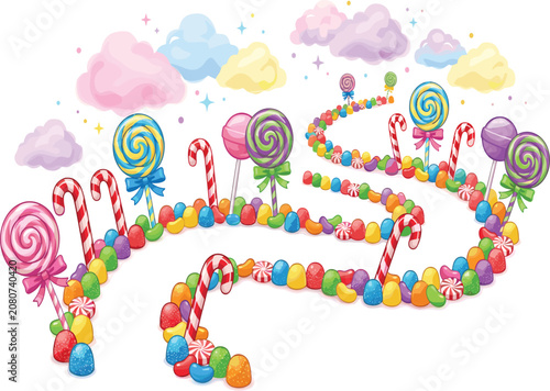 Foto Winding candy land road board game path with lollipops and candy canes leading t