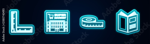 Fotografía Set line Folding ruler, Supermarket building, Tape measure and Open book