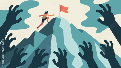 Fotografie Person Reaching A Flag On A Mountain Peak Surrounded By Reaching Hands Vector Il