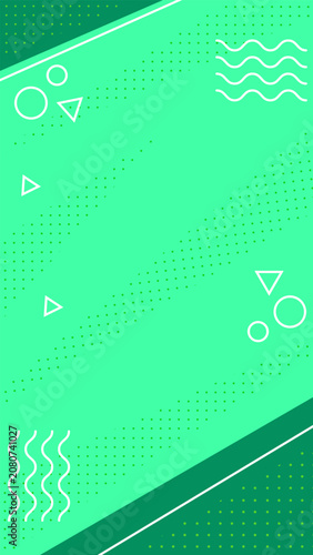 Abstract green background with geometric memphis shapes.