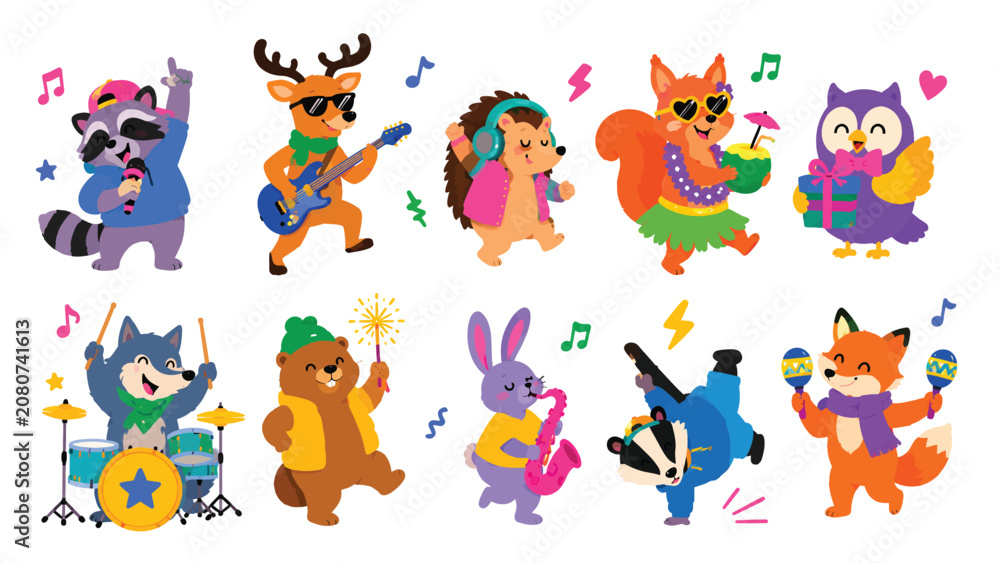 Obraz premium Energetic cartoon woodland animals performing live music and breakdancing at a festival.