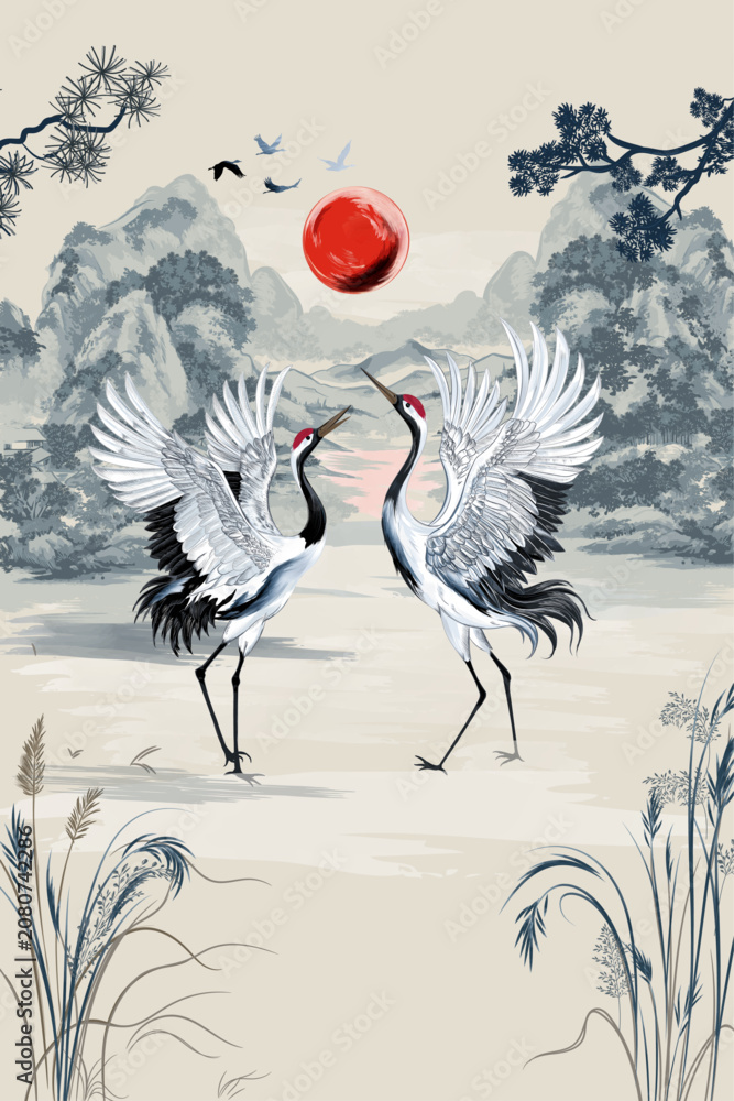 Fototapeta premium Elegant vector hand drawn illustration with white cranes in oriental style