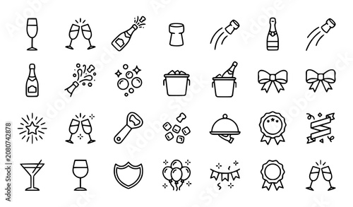 Champagne Celebration Line Art Icons Set with Toasting Flutes and Popping Bottle Vector