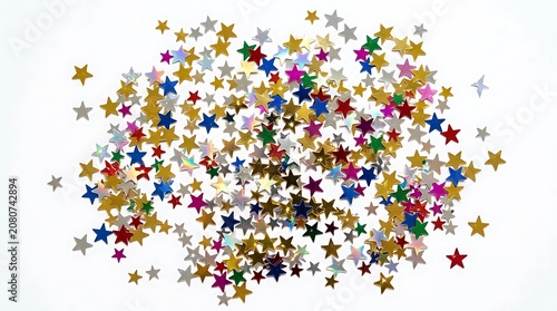 Colorful star confetti on white background.