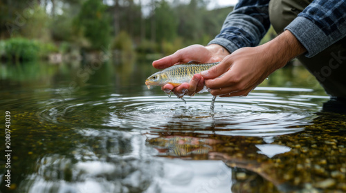 Responsible fisher releasing undersized freshwater fish back into clear river, conservation
