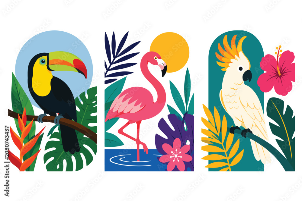 Fototapeta premium Tropical exotic birds collection featuring toucan flamingo and parrot.