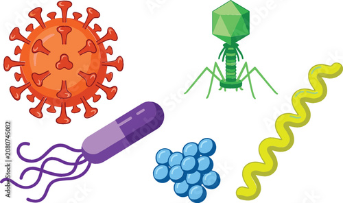 Foto Microorganism Collection with Virus, Bacteriophage, Bacteria, Cocci Cluster, Spi