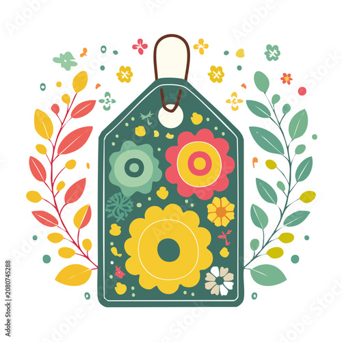 Colorful floral gift tag with botanical elements
