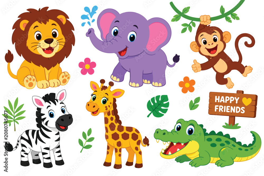Fototapeta premium Happy jungle animals group with lion elephant giraffe monkey zebra and crocodile.