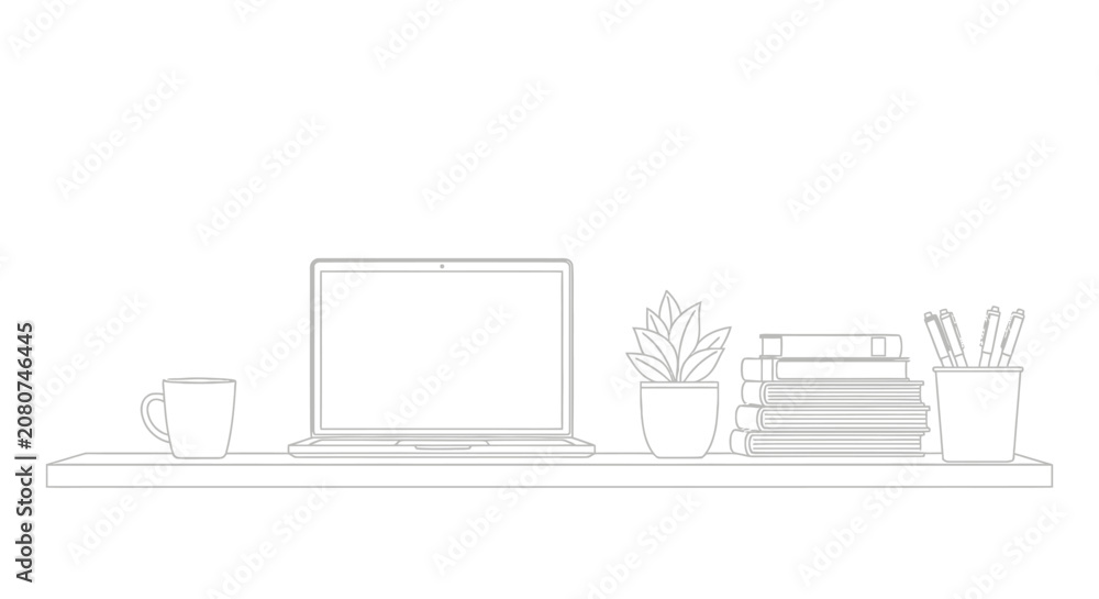 Fototapeta premium Minimalist desk setup with laptop and books for modern workspace
