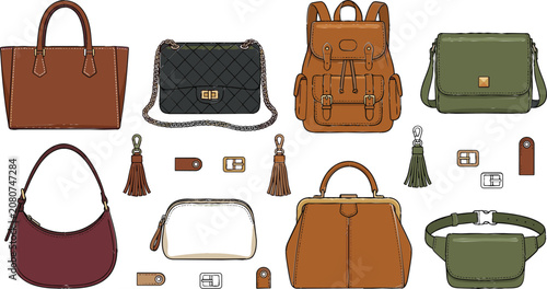 Fashion Bag Collection with Tote Bag, Crossbody Purse, Backpack, Messenger Bag, Handbag, Belt Bag, and Leather Accessories Vector Set