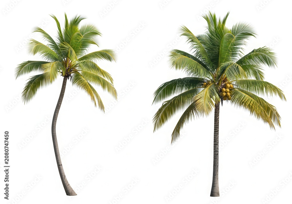 Fototapeta premium Two Tropical Coconut Palm Trees Isolated on White Background for Summer Vacation and Beach Design