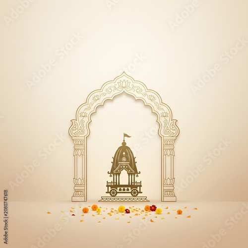Indian festival rath yatra design with cart in frame and flowers on light background.