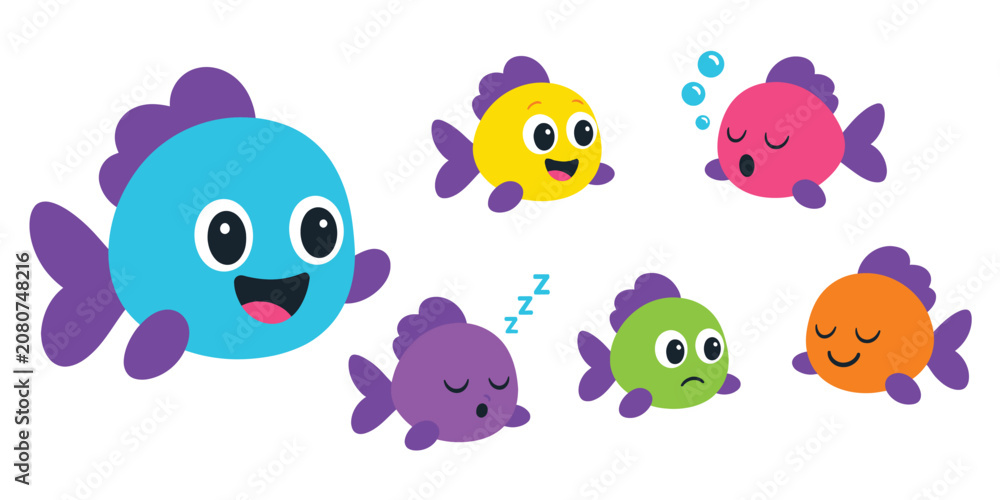 Fototapeta premium Colorful ocean animals swimming and displaying various expressions.
