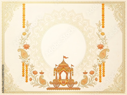 Rath yatra festival frame with cart, mandalas, and floral decorations on light background.