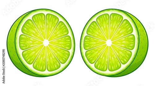 Close-up of two sliced green kiwi fruits.