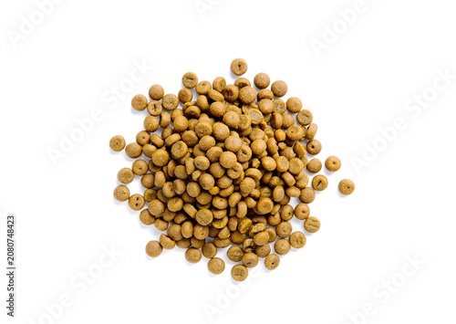 Pile of dry pet food on a white background.
