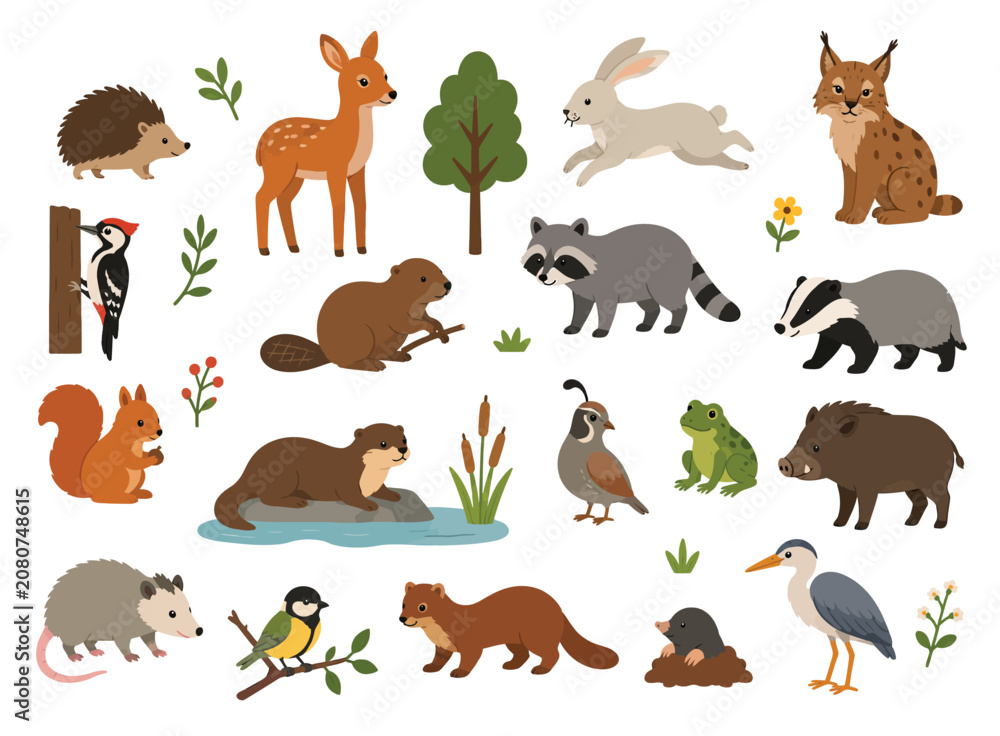 Fototapeta premium Cute wild animals and birds inhabiting a temperate forest ecosystem.