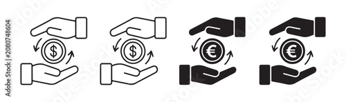 Foto Set of four hands holding money coins with exchange arrows representing financial currency conversion