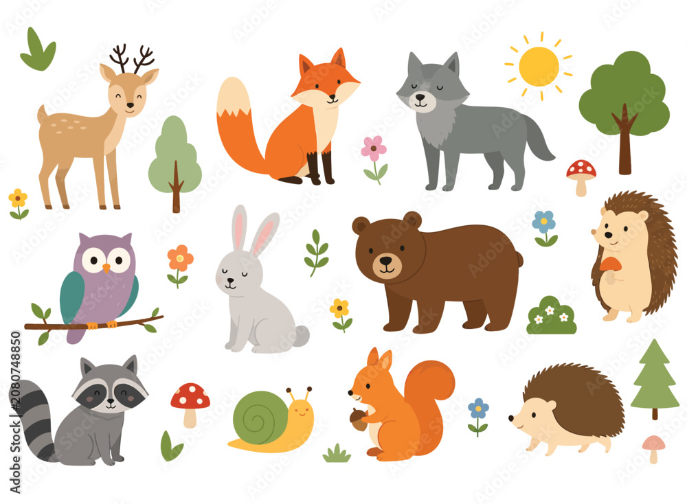 Naklejka premium Cute forest animals flat design elements.