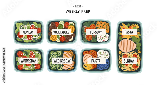Fotografie Weekly meal prep containers with healthy food portions labeled for each day of the week