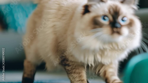 Fluffy cat with blue eyes playing with teal yarn ball in cozy living room setting