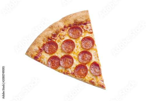 Slice of Italian pizza isolated on white background.