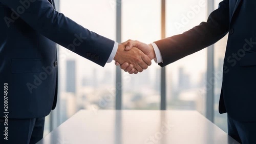 Business handshake between two professionals in formal suits symbolizing partnership and agreement
