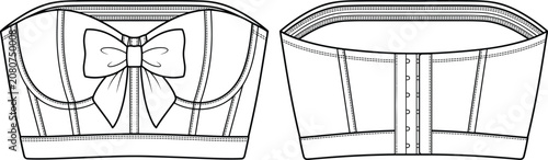 Technical flat sketch of strapless bandeau top with front bow detail and back hook closure for fashion design illustration