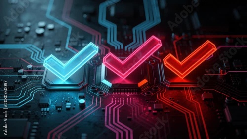 Glowing check marks on futuristic circuit board representing technology and validation concepts