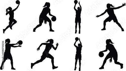 Принти на полотні Dynamic basketball player silhouette set showing dribbling, shooting, passing, a